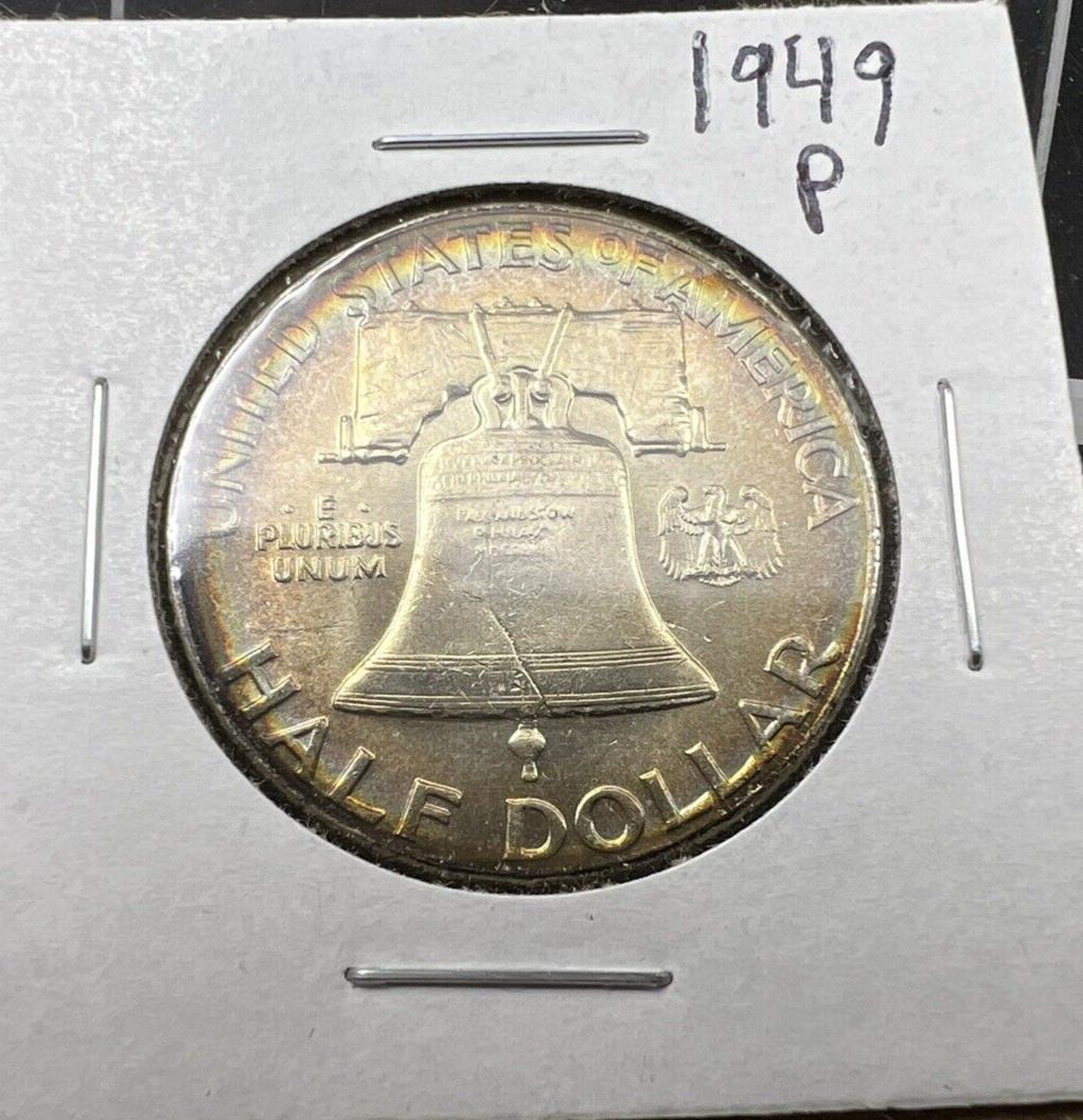 1949 P Franklin Silver Half Dollar Coin BU UNC FBL Full Bell Line PQ Toning REV