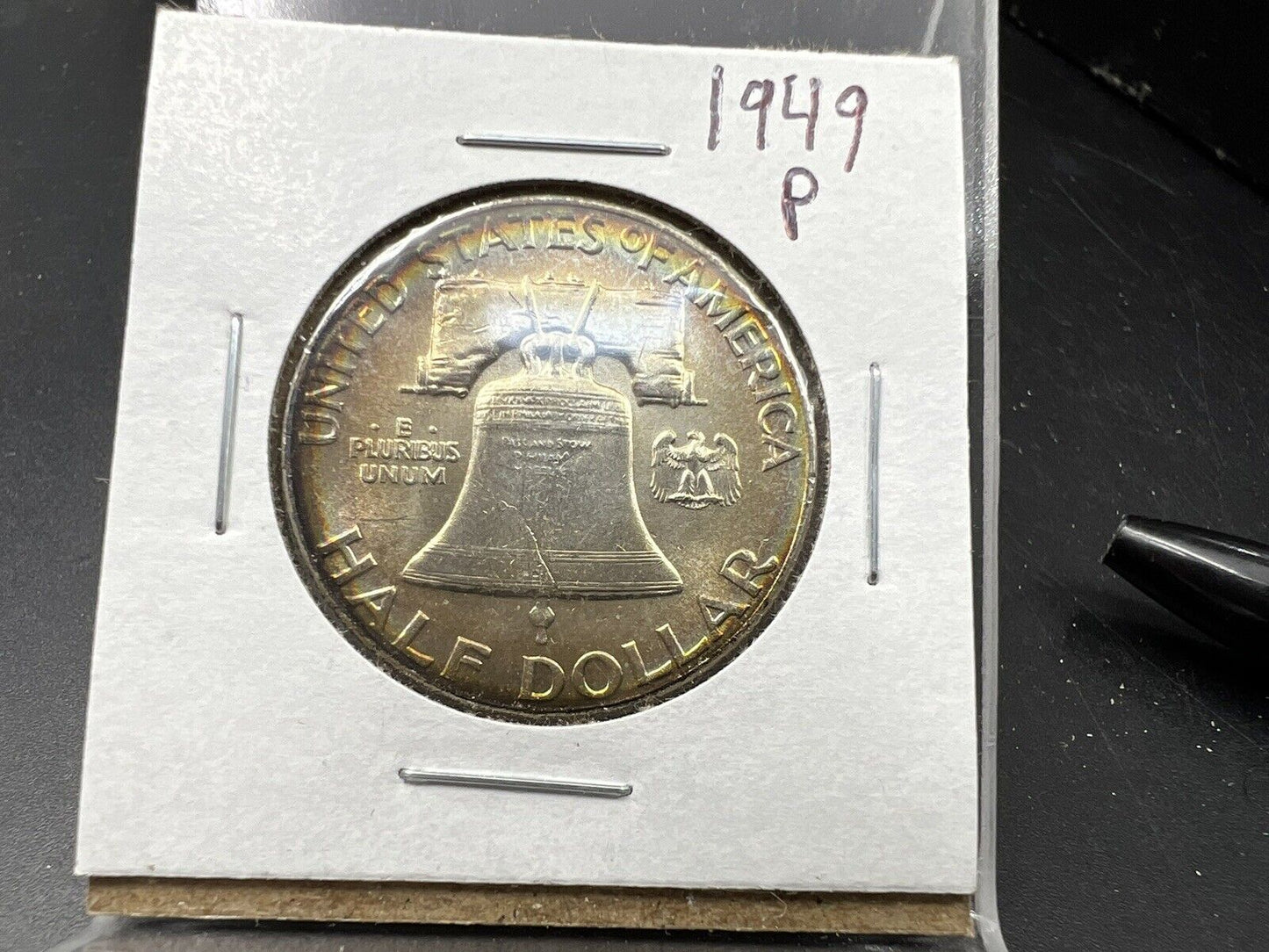 1949 P Franklin Silver Half Dollar Coin BU UNC FBL Full Bell Line PQ Toning REV