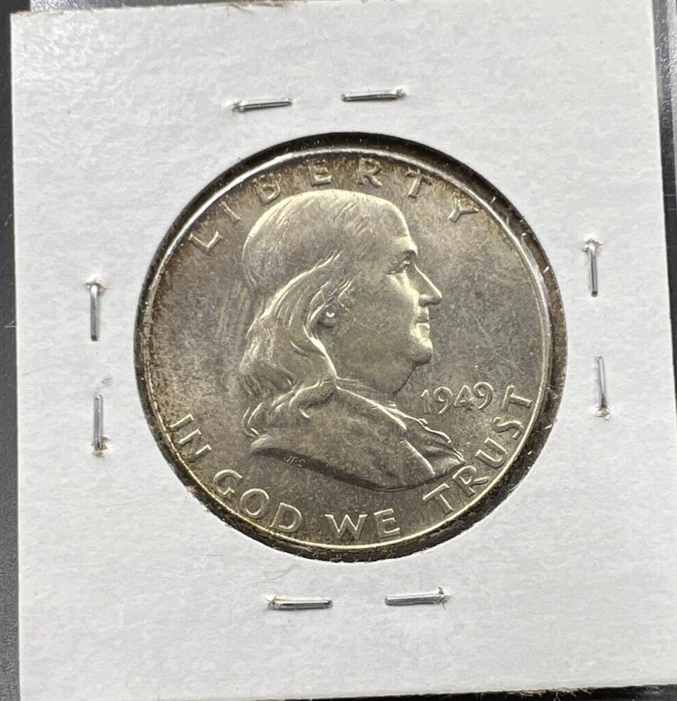 1949 P Franklin Silver Half Dollar Coin BU UNC FBL Full Bell Line PQ Toning REV