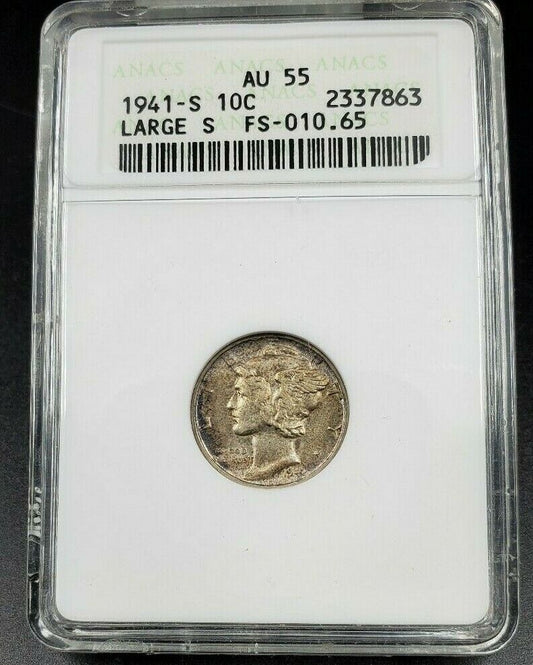 1941 S Mercury Silver Dime Coin ANACS AU55 FS-010.65 FS-511 Large S Variety Mint