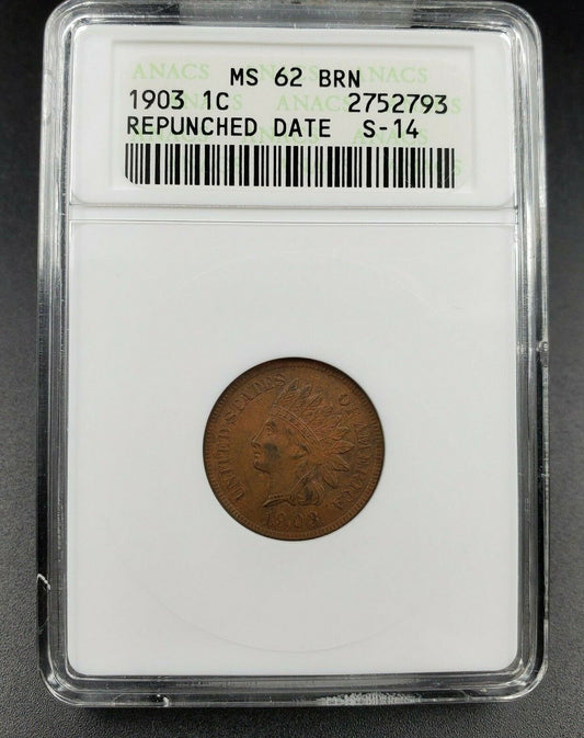 1903 Indian Cent Penny Error Variety ANACS MS62 BN RPD-008 S-14 Repunched Date
