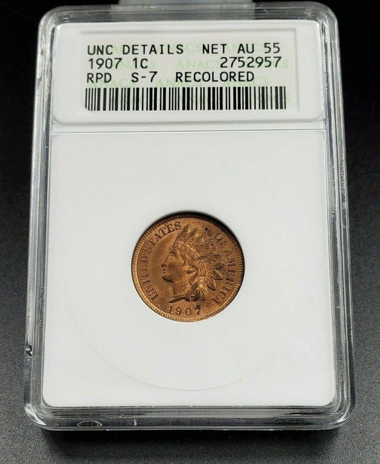 1907 P Indian Cent Penny Coin ANACS UNC DETAILS S-7 Repunched Date