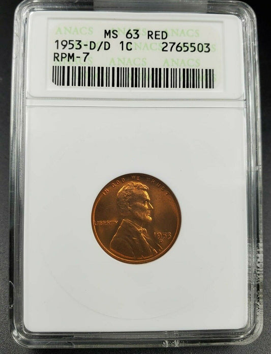 1953 D D/D Lincoln Wheat Cent Penny ANACS MS63 RPM 007 DMR-009 TOP CONECA 53 RPM