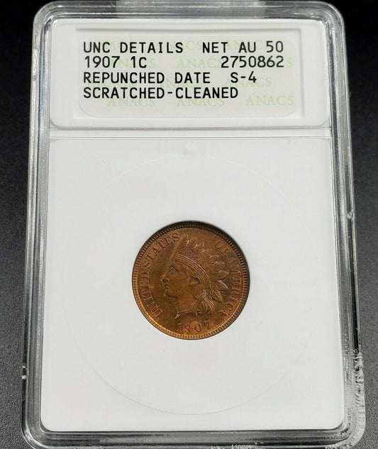1907 P Indian Cent Penny Coin ANACS UNC Details RPD 004 S-4 Repunched Date