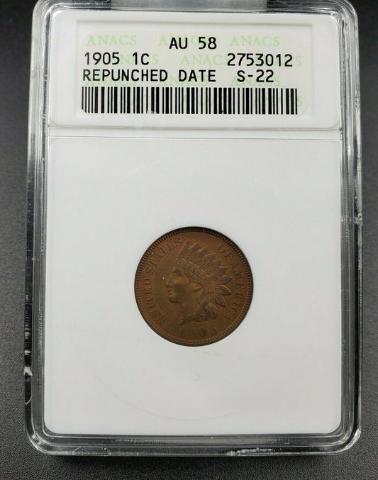 1905 Indian Cent Penny Error Variety ANACS AU58 RPD S-22 Specimen RPD