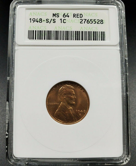 1948 s Lincoln Wheat Cent Penny Variety Coin ANACS MS64 RD S/S RPM-001 DDO-001