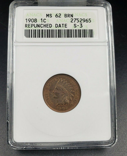 1908 Indian Cent Penny ANACS MS62 BN RPD Repunched Date S-3