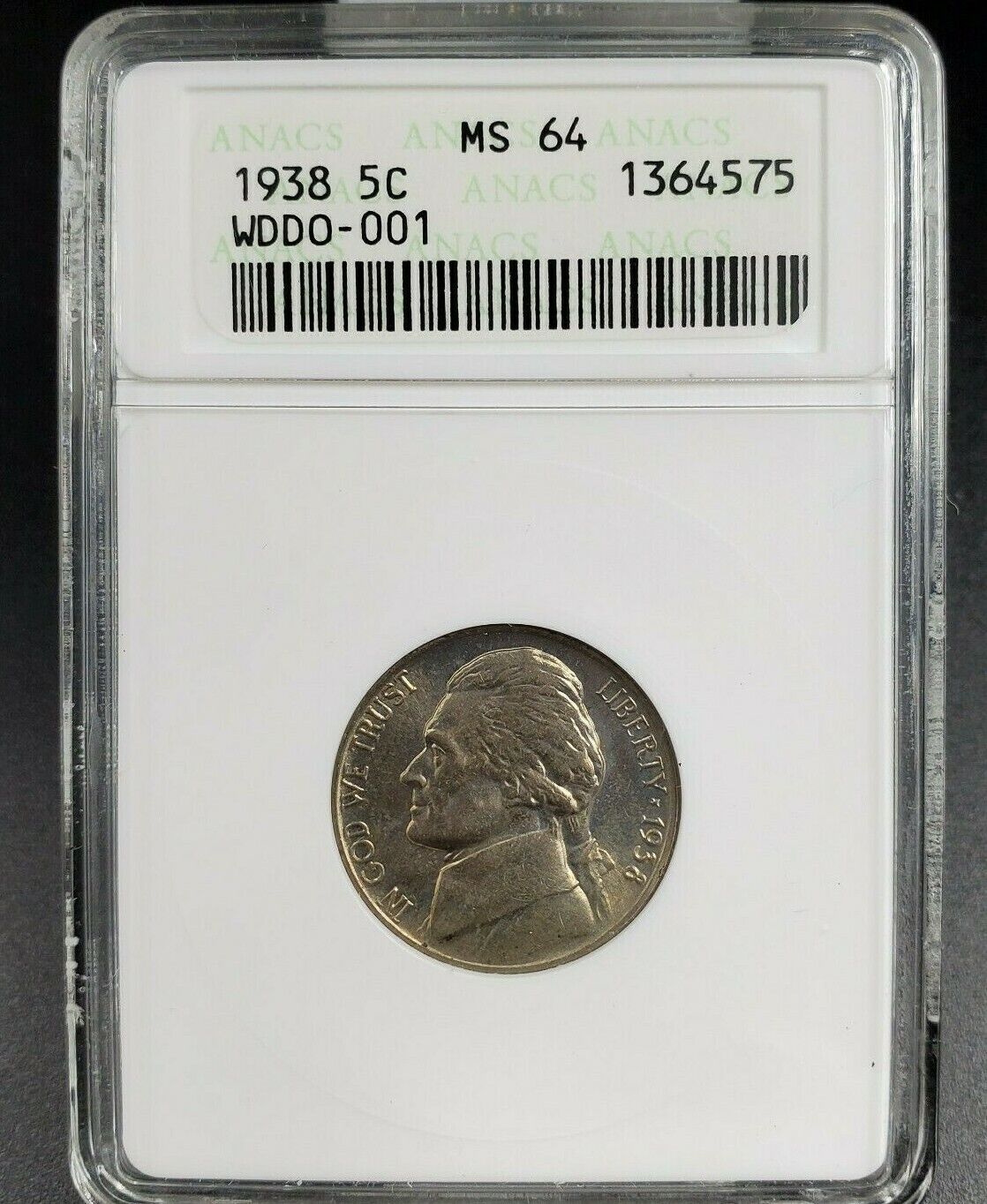 1938 Jefferson Nickel Coin Variety 5c ANACS MS64 DDO 001 DMR-003 Double Die OBV