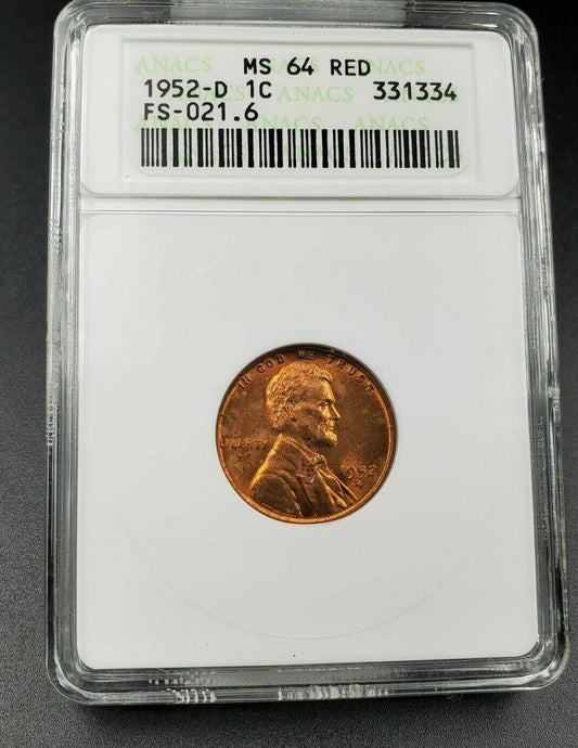 1952 D/S Lincoln Wheat Cent Penny ANACS MS64 RED FS-021.6 Breen-2206 FS-511