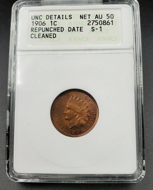 1906 Indian Cent Penny Error Variety ANACS UNC Details RPD S-1 Repunched Date