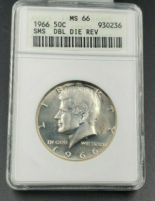 1966 P SMS KENNEDY HALF DOLLAR 50c ANACS MS66 DOUBLE DIE REVERSE DDR