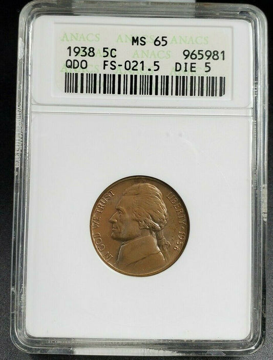 1938 Jefferson Nickel Coin Variety 5c ANACS MS65 QDR FS-105 FS-021.5 Quad Double
