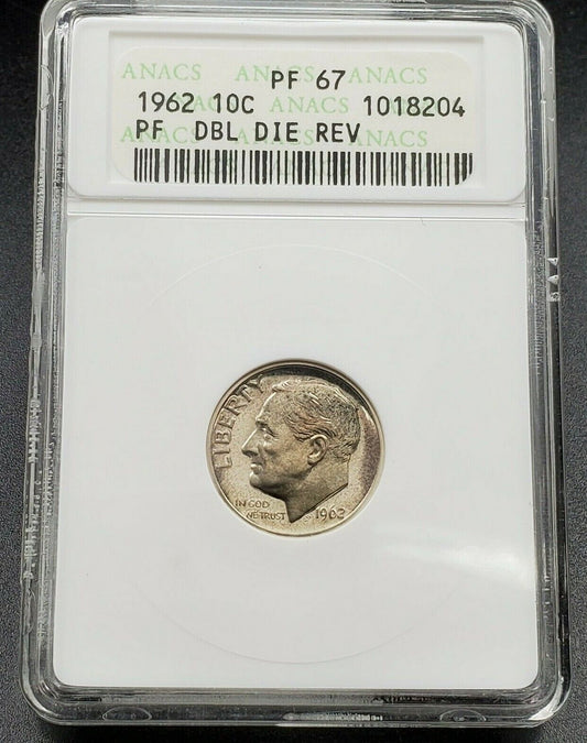 1962 P Roosevelt Silver Dime Coin VARIETY ANACS PF67 DDR 004 Double Die Proof
