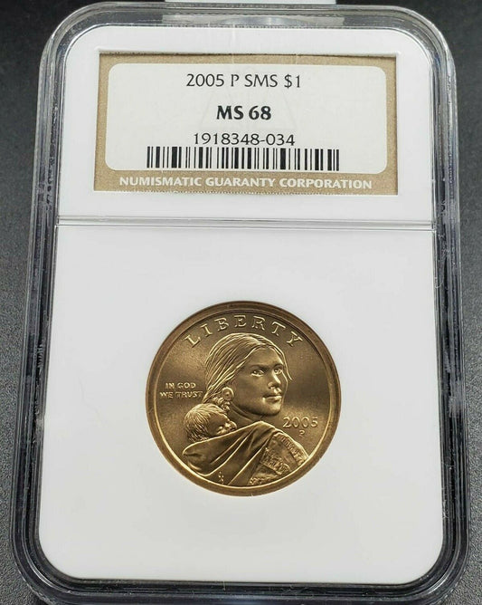 2005 P Sacagawea Native Brass Dollar Coin NGC MS68 SMS $1 Satin Finish