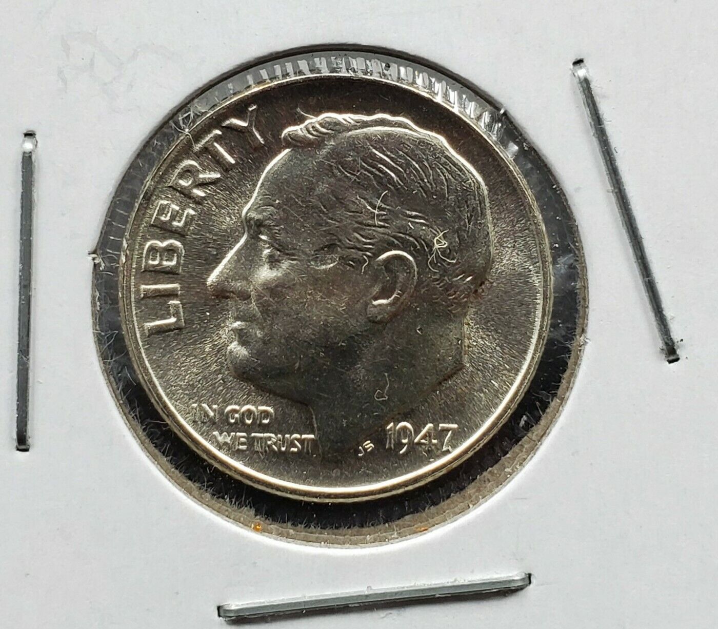 1947 Roosevelt Silver Dime Coin 10c Choice BU Obverse Struck Thru Through Error