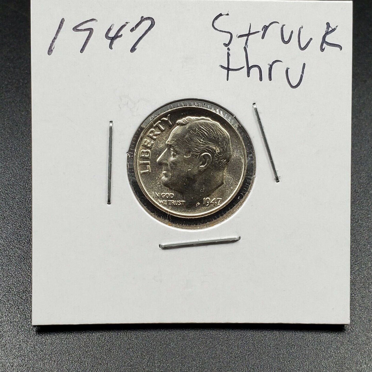 1947 Roosevelt Silver Dime Coin 10c Choice BU Obverse Struck Thru Through Error