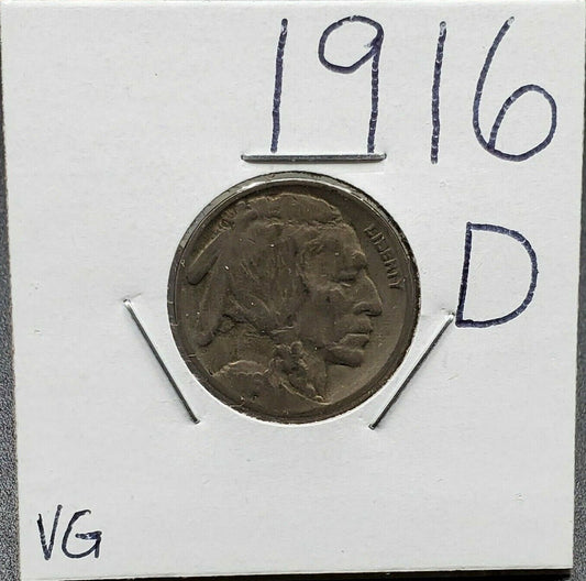 1916 D 5c Buffalo Nickel Coin Choice VG Very Good / Fine Nice Circulated Coin