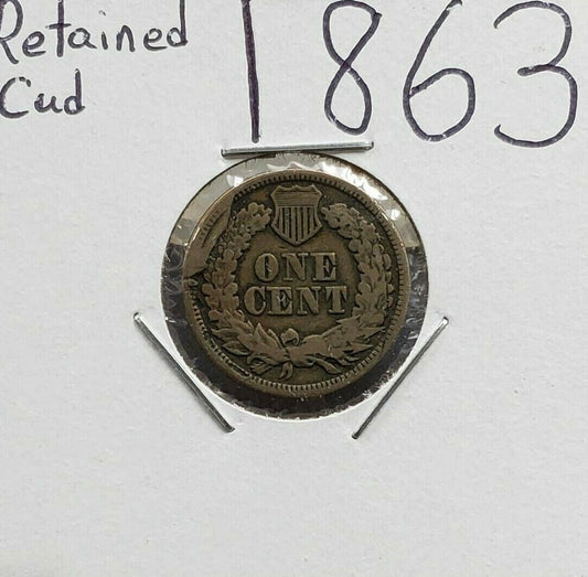 1863 P 1c Copper Nickel Indian Small Cent Penny Coin Retained Die Cudd Error REV
