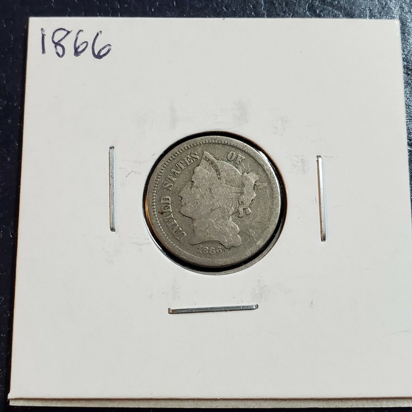 1866 3c Liberty Three Cent Nickel Coin VG Light Struck Thru Through Grease Error