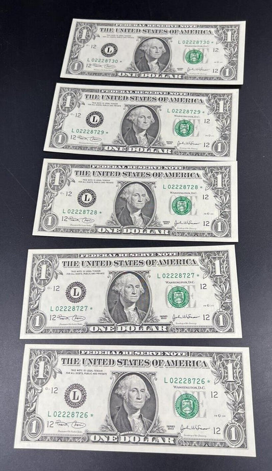 Lot of 5 Consecutive 2003 $1 Star Note FRN Federal Reserve Note Bills Choice UNC