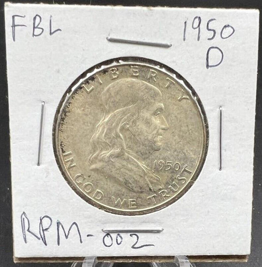 1950 D D/D Franklin Silver Half Dollar Coin BU UNC Neat Toning RPM 002 Repunched