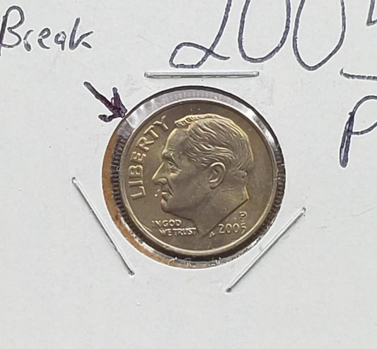 2005 P Roosevelt Dime Coin Die Break Extra Eye Brow obverse AU
