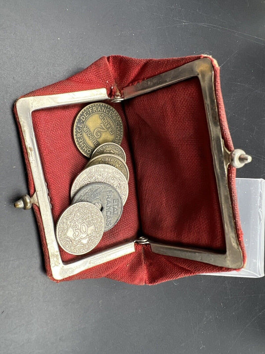World War Two II Era French Change Purse With 9 Antique Coins
