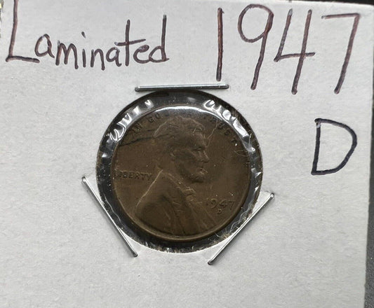 1947 D Lincoln Wheat Cent Circ Coin Laminated Planchet Error Coin VF