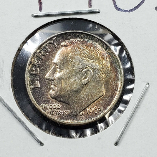 1963 P Roosevelt Silver Dime Coin BU Uncirculated Original PQ Toning Toner OBV