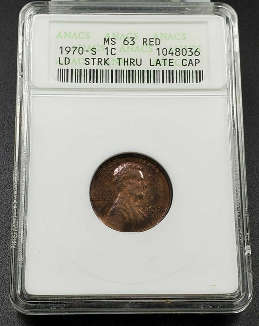 Struck Thru Late Stage Capped Die 1971 S Lincoln Memorial Cent Coin ANACS MS63