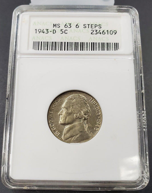 1943 D Jefferson WW2 War Nickel Coin 6 FS Full Steps ANACS MS63 BU UNC