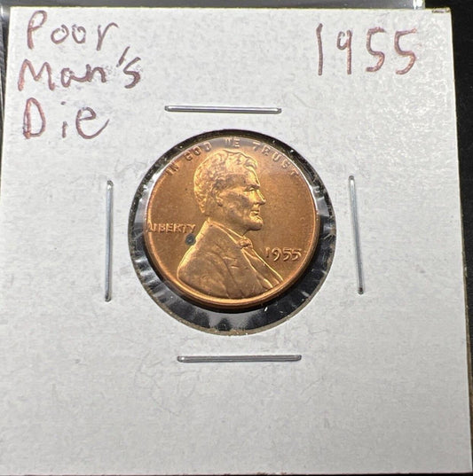 1955 P 1c Lincoln Wheat Cent Penny Coin Poor Man Strike Double Die UNC #B
