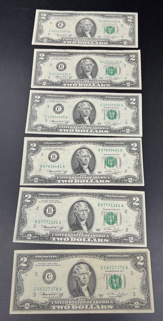 Lot of 6 1976 $2 FRN Federal Reserve Dollars Bicentennial Note VF+