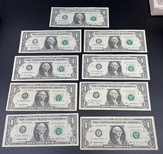 Lot of 9 Different * Star Note Federal Reserve $1 one Bills 1993 - 2013 Circ #1