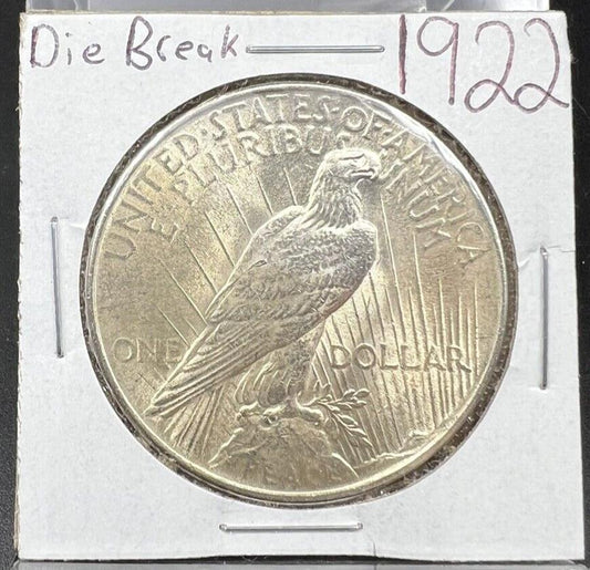 1922 P $1 Peace Silver Dollar Die Chip Break on Wing VAM Variety BU UNC