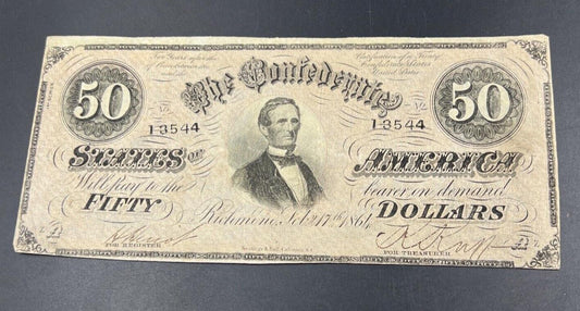 T-66 1864 $50 Confederate CSA Note Civil War Obsolete Currency Bill VF Very Fine