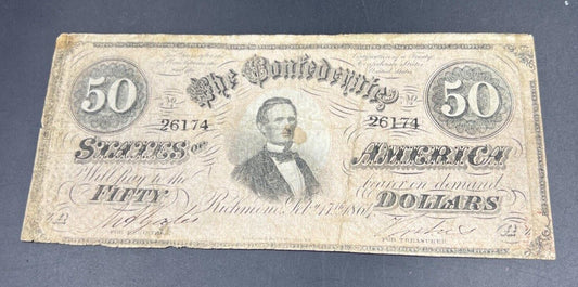 T-66 1864 $50 Confederate CSA Note Civil War Obsolete Currency Bill CH VG Circ