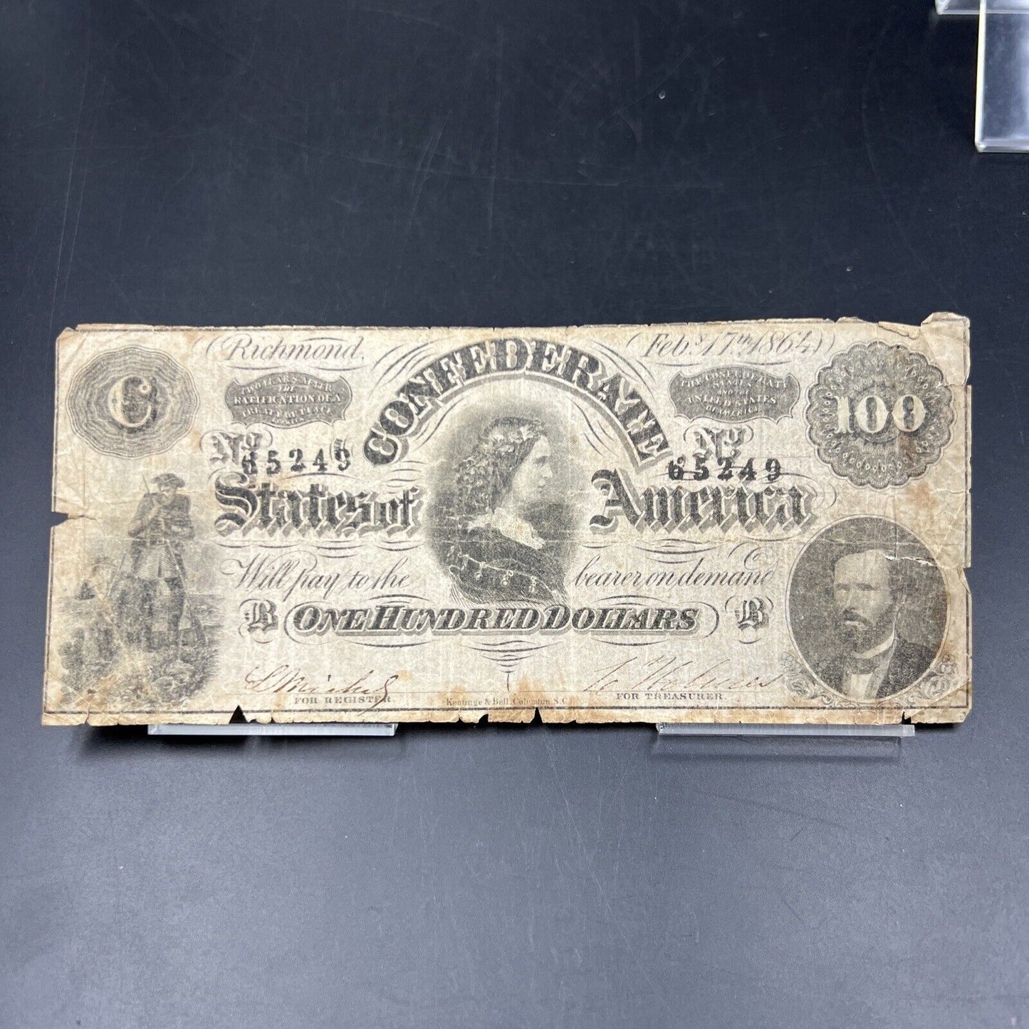 $100 1864 CONFEDERATE CURRENCY Richmond Hundred Dollar Bill #65249 February