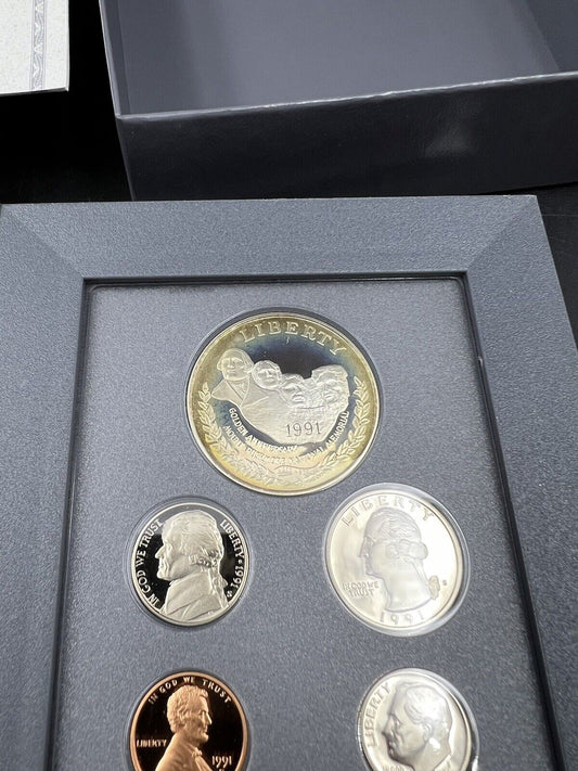 1991 S US Mint Prestige Proof Set OGP Box COA w/ Rushmore Silver Dollar & 50c