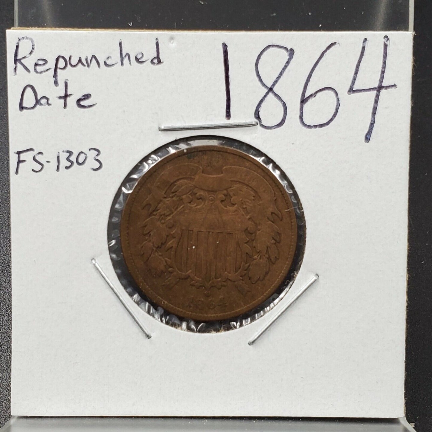 Repriced From 2021- 1864 2C Two Cent Copper Coin Piece LM RPD FS-1303 Variety