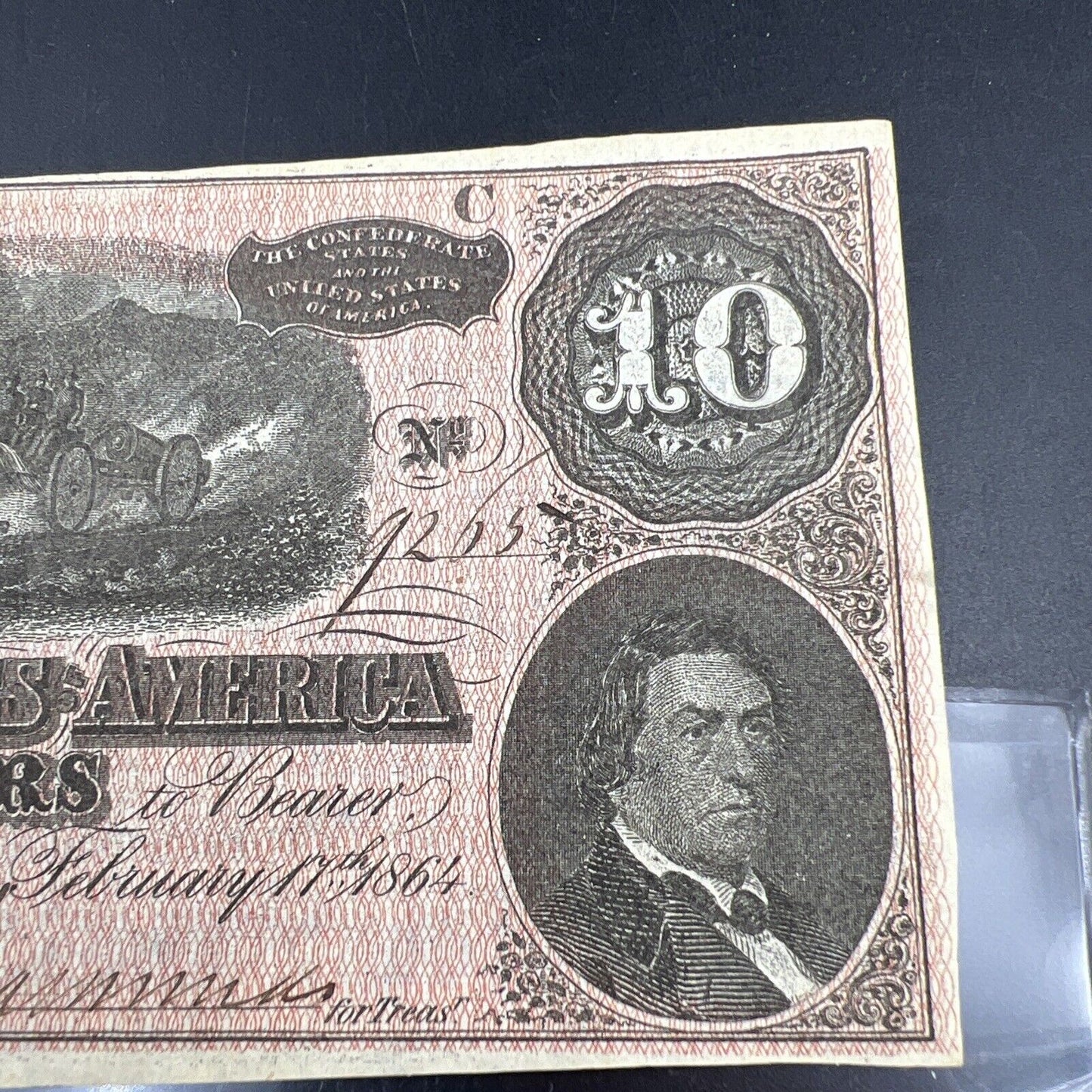 1864 Confederate States of America $10 Bill US Civil War Note AU About UNC