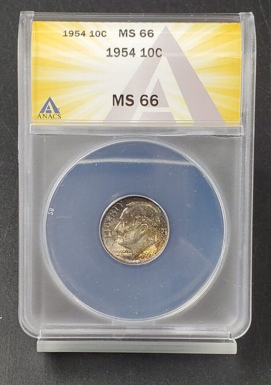 1954 P 10c Roosevelt Silver Dime coin MS66 ANACS GEM BU PQ Toning Toner