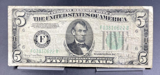 1934 D $5 Five Dollar FRN Atlanta Federal Reserve Note VG Circ #622