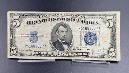 1934 D $5 Silver Certificate Blue Seal US Currency Bill VG Very Good Circ