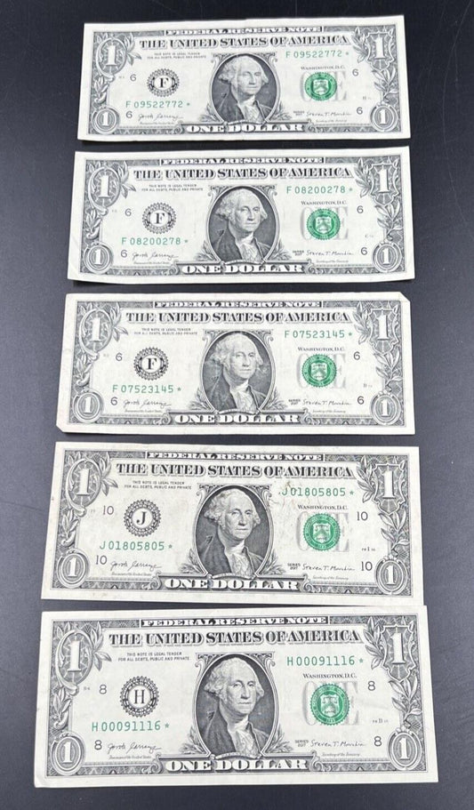 Lot of 5 2017 * Star $1 FRN One Dollar Federal Reserve Notes Circ Fancy Serial #