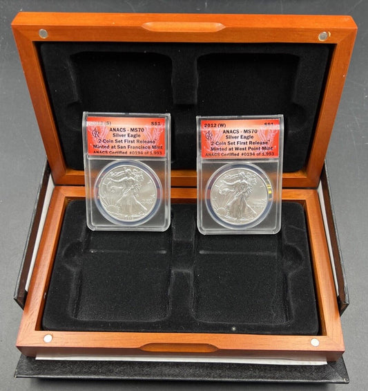 2 Coin 2012 S & W 1 oz ASE American Silver Eagle Business Strike Set MS70 ANACS
