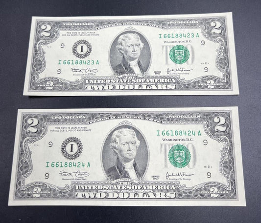 Two Consecutive Repeat Serial Number 2003 FRN $2 Two Dollar Bills Choice UNC #24