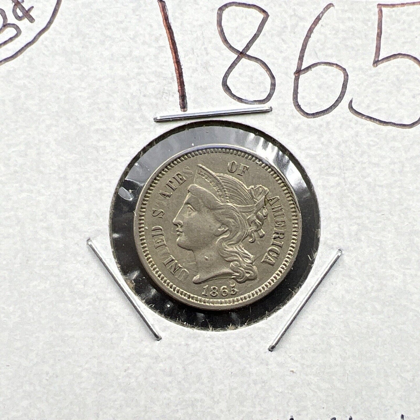 1865 3c Liberty Three Cent Nickel Coin XF EF Clashed Dies Error