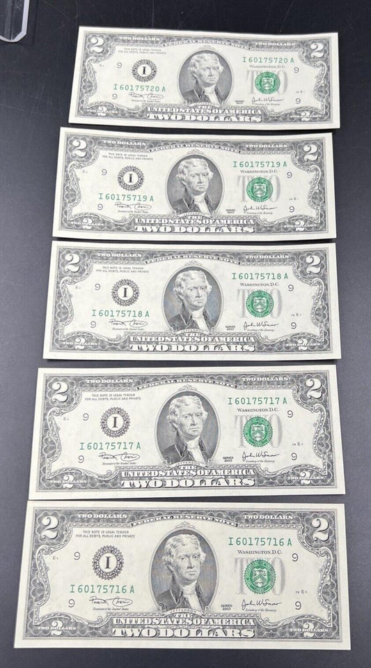 Lot of 5 2003 $2 Two Dollar FRN Federal Reserve Note Bills Minnesota District #6