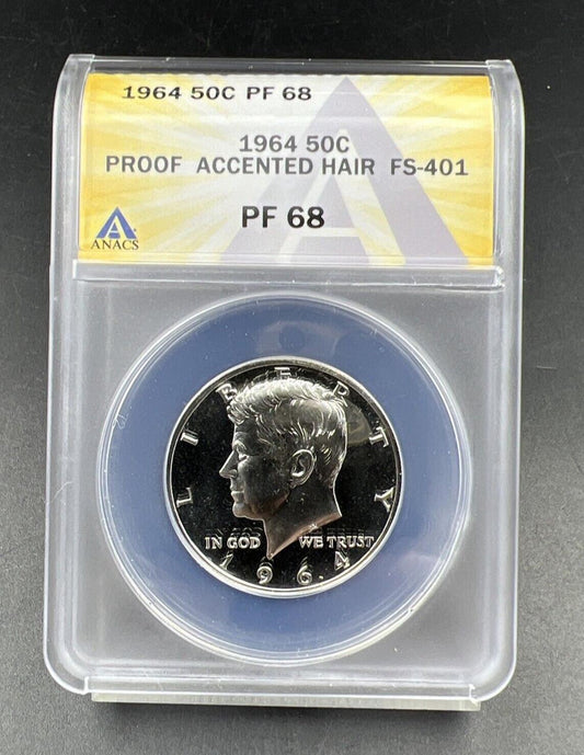 1964 P Kennedy Proof Half Silver Dollar Coin PF68 Accented Hair FS-401 ANACS #A